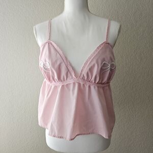 Faded Rose pink babydoll coquette cami top with eyelet lace trim and bow details